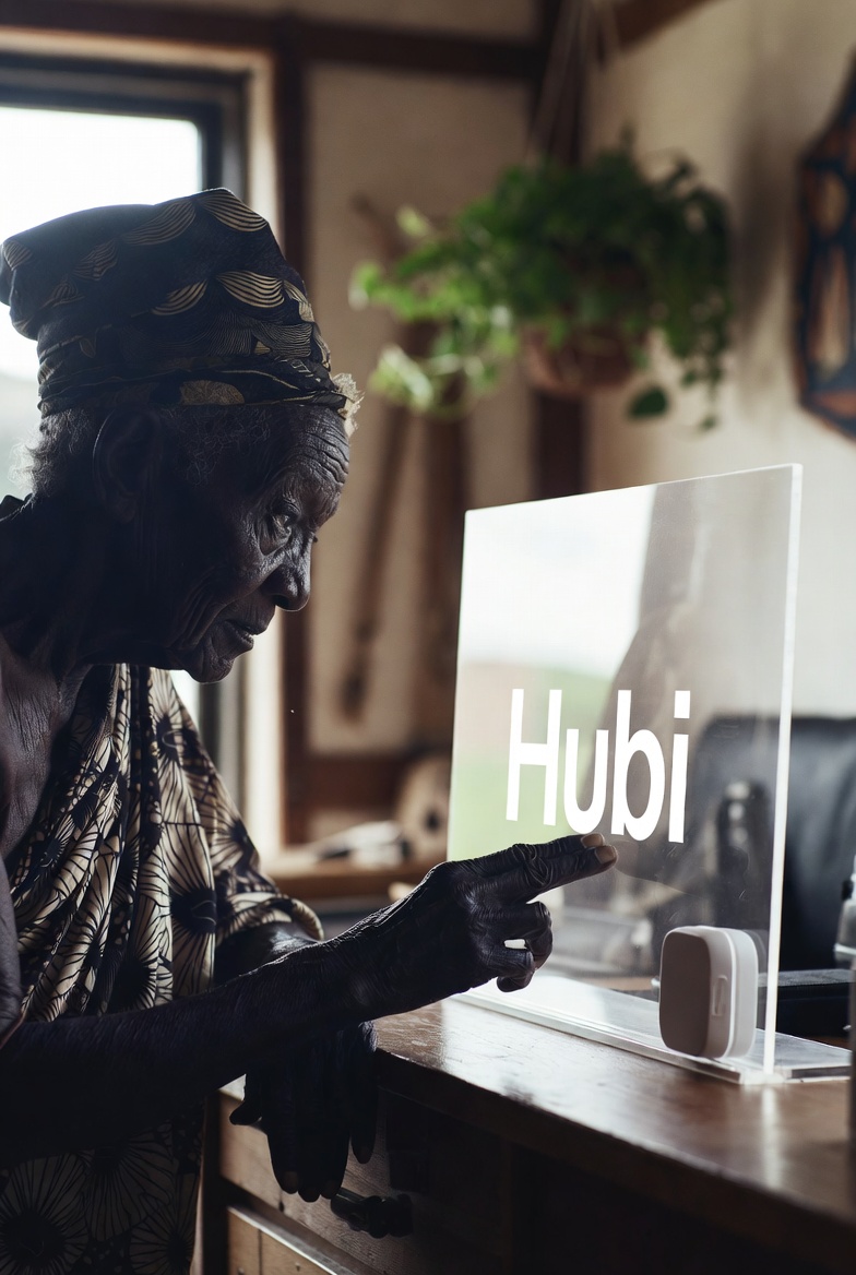 Elder woman using technology with curiosity.